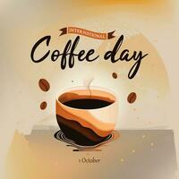 international café journée vecteur illustration. une tasse de café avec une fumant latté, café haricots, et monde carte Contexte