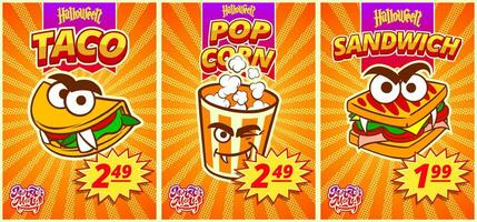 menu monstre avec Popcorn, sandwichs, tacos. horizontal affiche avec prix étiquette pour Halloween vite nourriture café. vecteur illustration.
