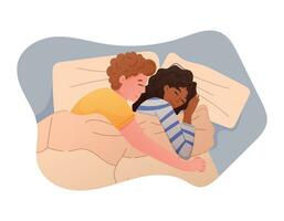 dessin animé homme et femme étreindre dans lit en dessous de le couverture. vecteur isolé plat illustration de une en train de dormir couple dans l'amour.