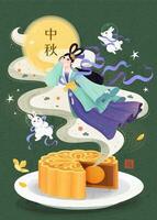 charmant cheng'e et jade lapin en volant en dehors de gâteau de lune sur vert arrière-plan, milieu l'automne Festival écrit dans chinois mots vecteur