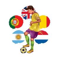 Football joueur dans formation avec le Balle sur le Contexte de le drapeaux de différent des pays. vecteur illustration. conception élément pour des sports bannières, dépliants, faire-part, vêtements.