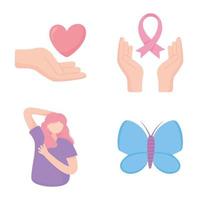 Sensibilisation au cancer du sein femme papillon coeur et riboon icons vector design