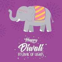 joyeux festival de diwali, carte de voeux avec la conception de vecteur d'affiche d'animal sacré d'éléphant