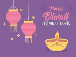 joyeux festival de diwali, lampes à bougies de lampe diya et conception de vecteur de décoration de fleurs