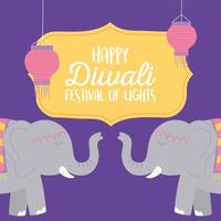 joyeux festival de diwali, lanternes d'éléphants et célébration de lettrage, dessin vectoriel
