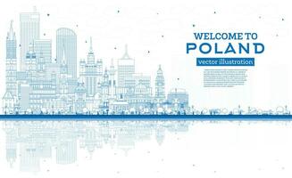 contour Pologne ville horizon avec bleu bâtiments et reflets. vecteur