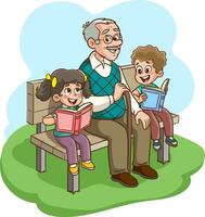 les enfants en train de lire une livre séance sur le banc avec le sien grand-père vecteur