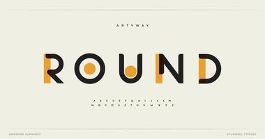 alphabet moderne rond. abandonné une police époustouflante, tapez pour un logo futuriste, un titre, un lettrage créatif et une typographie maxi. lettres de style minimal avec tache jaune. conception typographique de vecteur