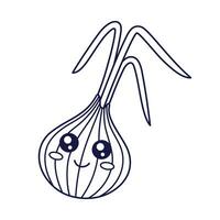 oignon kawaii personnage. mignonne kawaii oignon dessin animé des gamins illustration. nourriture légume contour illustration. oignon dans griffonnage style. des gamins coloration livre vecteur