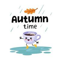 Bonjour l'automne confortable carte postale. l'automne temps caractères. content tasse de cacao dans caoutchouc bottes sauter par flaques d'eau dans le pluie. dessin animé illustration, griffonnage style. vecteur