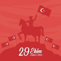 29 ekim cumhuriyet bayrami kutlu olsun, jour de la république de turquie, soldat de fond rouge à cheval avec des drapeaux vecteur