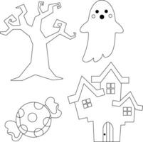 contour Halloween clipart ensemble contient une fantôme, sorcière chapeau, chat , lune, loger, grave, et citrouille vecteur