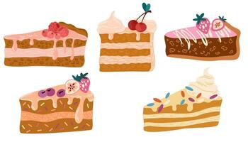 Gâteaux tranches pièces. ensemble de Gâteaux. sucré dessert. vecteur illustration pour anniversaire, faire la fête, cartes postales et autocollants isolé sur le blanc Contexte.