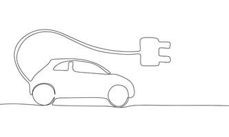 électrique voiture avec brancher. un ligne continu concept électrique voiture bannière. ligne art, contour, silhouette, vecteur illustration.