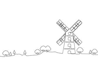 silhouette de rétro moulin. un ligne continu concept bannière avec paysage avec moulin. contour, ligne art, vecteur illustration.