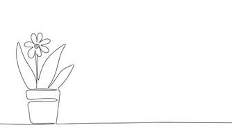 peu fleur dans pot. un ligne continu concept plante d'appartement bannière. ligne art, contour, silhouette, vecteur illustration.