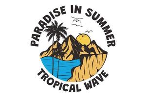 paradis de t-shirt en été, style rétro vintage dessiné à la main vague tropicale vecteur