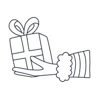 main donnant enveloppé cadeau boîte avec une arc. concept de partage, cadeau et recevoir cadeau, surprendre, Noël, vacances. main tiré vecteur main dans le Père Noël costume est en portant cadeau. isolé griffonnage.