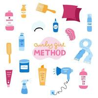 gros ensemble avec cosmétique des produits pour frisé fille méthode. accessoires et bouteilles pour nettoyage, conditionnement, coiffant pervers cheveux. produits de beauté pour en bonne santé frisé, vague cheveux. mignonne clipart. main tiré vecteur. vecteur