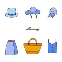 vecteur griffonnage ensemble de été vêtements. coloré clipart avec main tiré contour isolé sur le Contexte. chapeau, jupe, haut, sac pour le chaud jours, vacances, vacances dans le ville, ville et par le plage