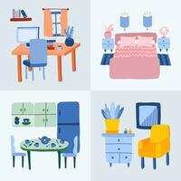 ensemble de détaillé chambre à coucher, cuisine, vivant chambre, lieu de travail intérieur dans dessin animé style. pièces avec meubles, mignonne décor dans branché couleurs. dessin animé main tiré illustration. confortable national appartement à l'intérieur. vecteur