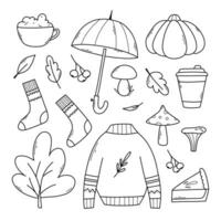 l'automne ensemble de éléments. vecteur illustration. griffonnage style. linéaire l'automne collection. isolé chandail, parapluie, feuilles, champignons, chaussettes.