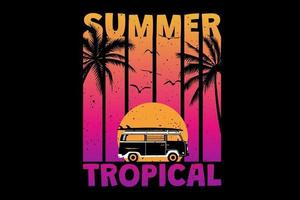 t-shirt été coucher de soleil plage tropicale rétro style vintage vecteur