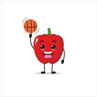 mignonne et marrant rouge paprika jouer basket-ball. légume Faire aptitude ou des sports des exercices. content personnage travail en dehors vecteur illustration.