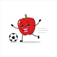 mignonne et marrant rouge paprika jouer football. légume Faire aptitude ou des sports des exercices. content personnage football travail en dehors vecteur illustration.