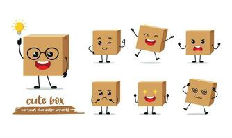 mignonne carton boîte dessin animé avec beaucoup expressions. boîte paquet différent activité vecteur illustration plat conception.