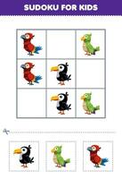 éducation Jeu pour les enfants facile sudoku pour des gamins avec mignonne dessin animé toucan perruche perroquet imprimable animal feuille de travail vecteur