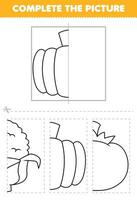 éducation Jeu pour les enfants Couper et Achevée le image de mignonne dessin animé citrouille moitié contour pour coloration imprimable légume feuille de travail vecteur