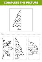 éducation Jeu pour les enfants Couper et Achevée le image de mignonne dessin animé Noël arbre moitié contour pour coloration imprimable hiver feuille de travail vecteur