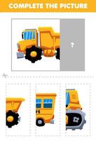 éducation Jeu pour les enfants Couper et Achevée le correct image de mignonne dessin animé déverser un camion imprimable transport feuille de travail vecteur