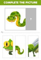 éducation Jeu pour les enfants Couper et Achevée le correct image de mignonne dessin animé serpent imprimable animal feuille de travail vecteur