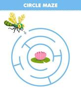 éducation Jeu pour les enfants cercle Labyrinthe dessiner ligne Aidez-moi mignonne dessin animé libellule bouge toi à le fleur imprimable punaise feuille de travail vecteur