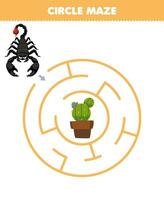 éducation Jeu pour les enfants cercle Labyrinthe dessiner ligne Aidez-moi mignonne dessin animé Scorpion bouge toi à le cactus imprimable punaise feuille de travail vecteur