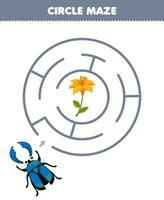 éducation Jeu pour les enfants cercle Labyrinthe dessiner ligne Aidez-moi mignonne dessin animé cerf scarabée bouge toi à le fleur imprimable punaise feuille de travail vecteur