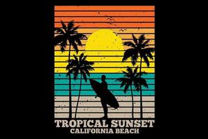 t-shirt tropical coucher de soleil californie plage style rétro vecteur