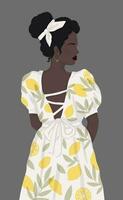 africain femme dans une blanc robe avec peint citrons des stands avec sa retour à nous. vecteur plat moderne illustration.