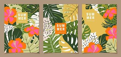 tropical modèle ensemble pour affiche, carte, couverture, étiqueter, bannière dans moderne minimaliste style et Facile été conception modèles avec tropical feuilles, fleur, et les plantes. vecteur