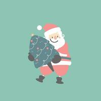 joyeux Noël et content Nouveau année avec mignonne Père Noël claus en portant Noël arbre pin dans le hiver saison vert arrière-plan, plat vecteur illustration dessin animé personnage costume conception
