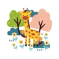 main dessin dessin animé girafe dans le jungle. mignonne animal carte pour fond d'écran, Contexte vecteur