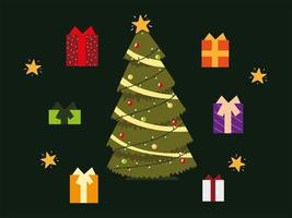 les icônes de l'ensemble de la fête de la saison de noël incluent l'arbre et les coffrets cadeaux vecteur