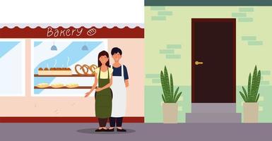 Couple avec tablier dans la façade de la boulangerie de rue vecteur