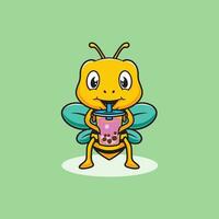 mignonne abeille en buvant boba dessin animé illustration vecteur