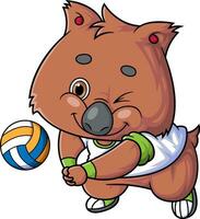 dessin animé mignonne quokka personnage en jouant volley-ball sur blanc Contexte vecteur