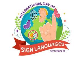 international journée de signe langues vecteur illustration avec gens spectacle main gestes et audition invalidité dans plat dessin animé main tiré modèles