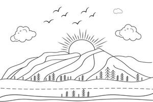 dessiné à la main ligne art paysage Montagne voir, avec Soleil et des nuages, en dessous de le rivière, sauvage plage le coucher du soleil et lever du soleil contour vagues la nature voir, Lac ligne dessin île collines, des gamins dessin coloration page vecteur