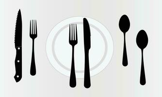 cuillère, fourches, couteau, et assiette ensemble Icônes, collection de coutellerie différent formes, restaurant affaires concept, vecteur illustration, coutellerie ligne icône.